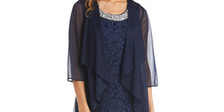 R & M Richards Women's Beaded Dress & Flyaway Jacket Blue Size 18