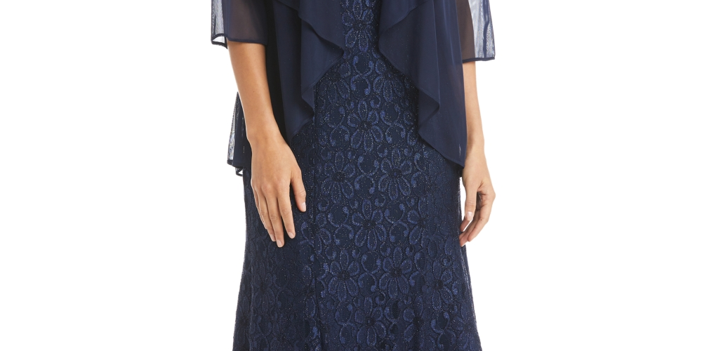 R & M Richards Women's Beaded Dress & Flyaway Jacket Blue Size 18