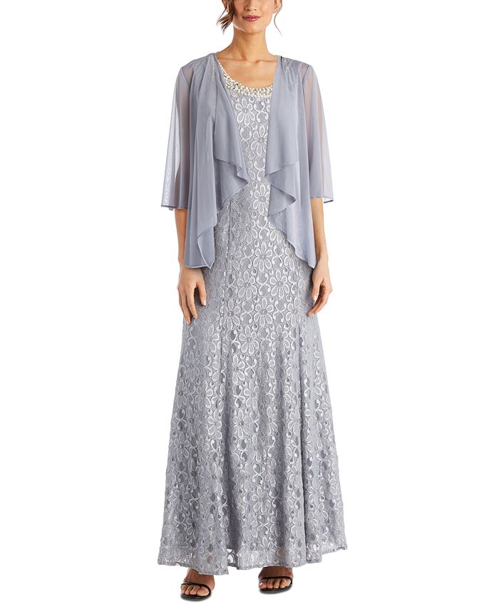 r & m richards beaded dress & flyaway jacket R & M Richards Women's Beaded Dress & Flyaway Jacket Gray Size 14