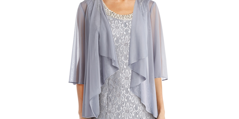 R & M Richards Women's Beaded Dress & Flyaway Jacket Gray Size 14