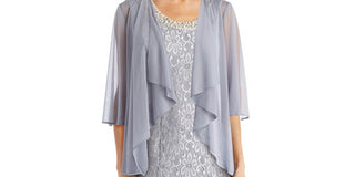 R & M Richards Women's Beaded Dress & Flyaway Jacket Gray Size 14
