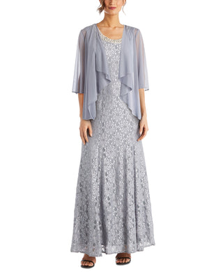 R & M Richards Women's Beaded Dress & Flyaway Jacket Gray Size 16