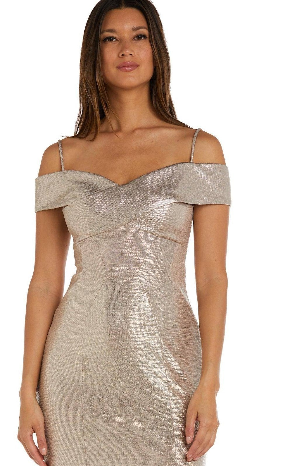 Nightway Women's Off The Shoulder Metallic Gown Brown Size 10Petite