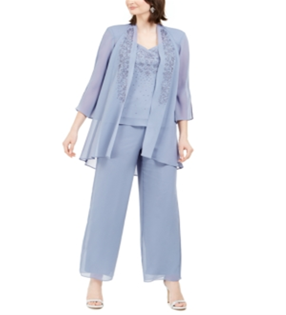 R & M Richards Women's 3 Pc Beaded Jacket Top & Wide Leg Pants Set Gray Size 12