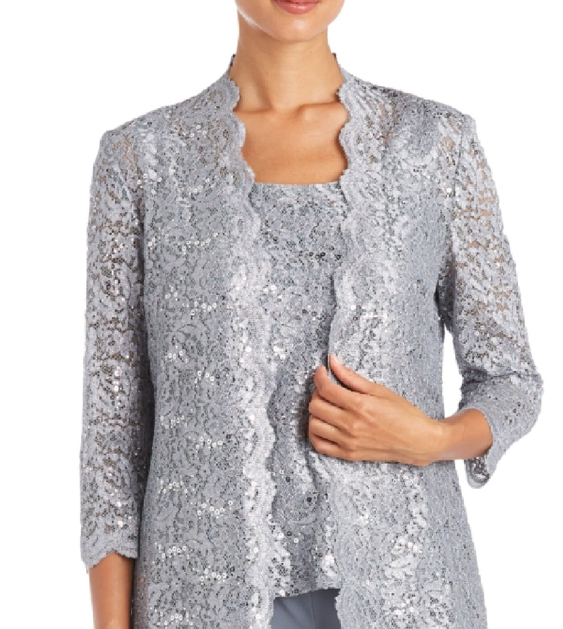 R & M Richards Women's 3 Pc Sequined Lace Pantsuit & Jacket Gray Size 16