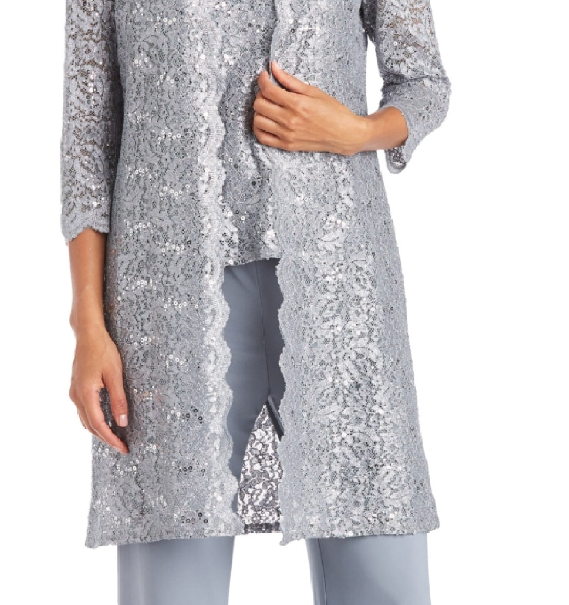 R & M Richards Women's 3 Pc Sequined Lace Pantsuit & Jacket Gray Size 16