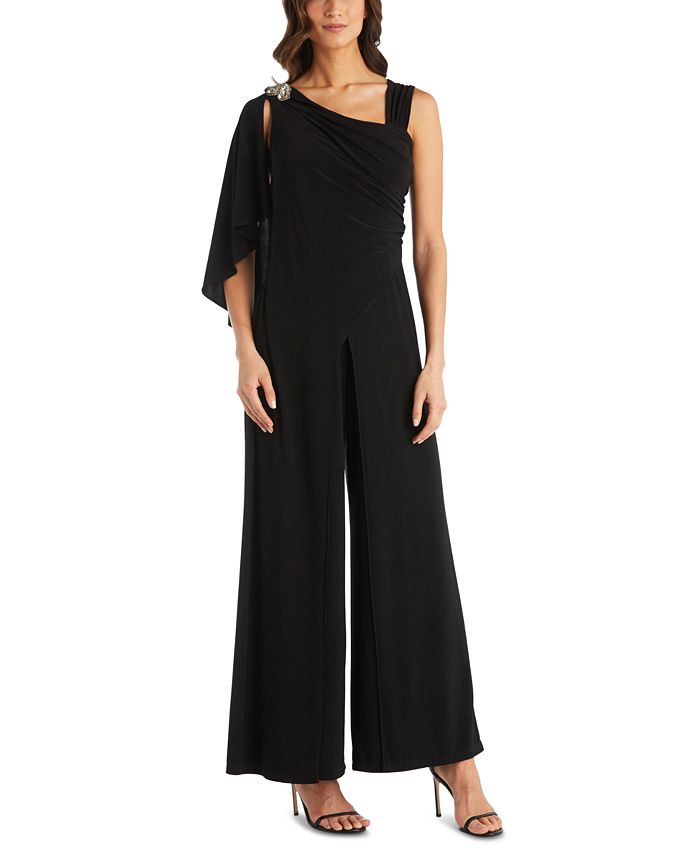 R & M Richards Women's One Shoulder Embellished Jumpsuit Black Size 16