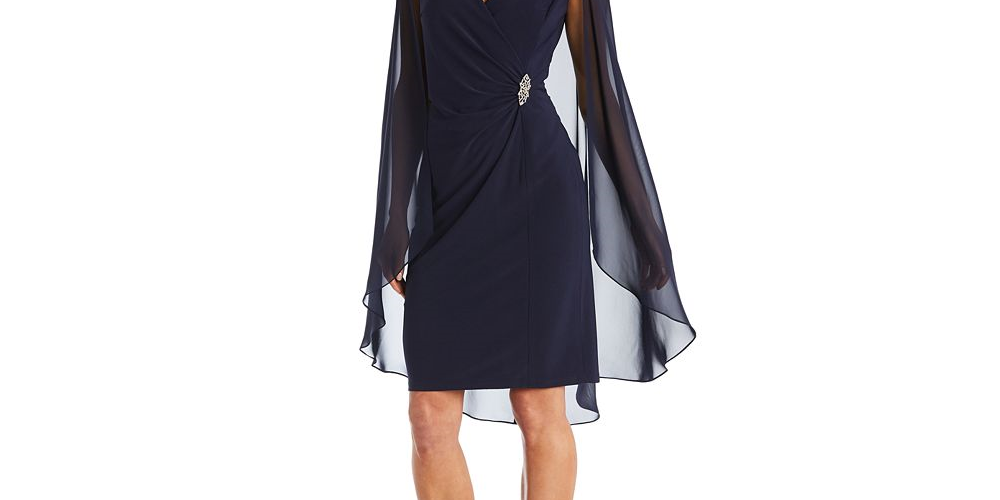 R & M Richards Women's Embellished Chiffon Cape Dress Black Size 8Petite
