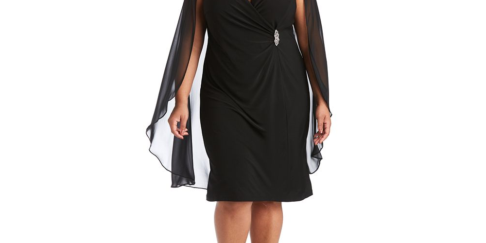 R & M Richards Women's Embellished Chiffon Cape Dress Black Size 18W