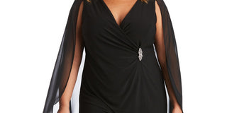 R & M Richards Women's Embellished Chiffon Cape Dress Black Size 22W