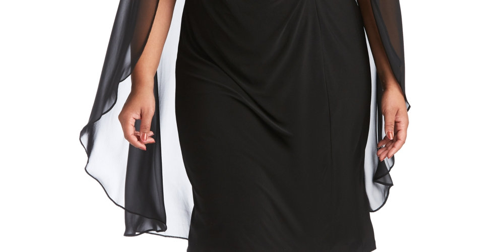 R & M Richards Women's Embellished Chiffon Cape Dress Black Size 22W
