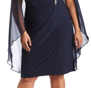 R & M Richards Women's Embellished Chiffon Cape Dress Blue Size 16W