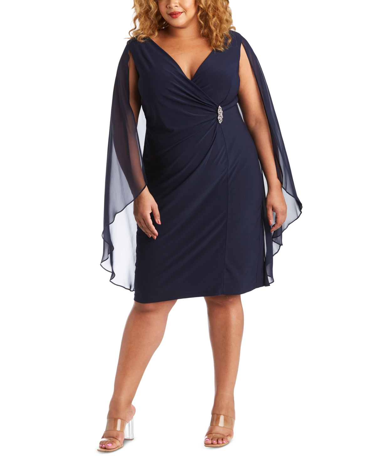 R & M Richards Women's Embellished Chiffon Cape Dress Blue Size 18W
