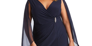 R & M Richards Women's Embellished Chiffon Cape Dress Blue Size 18W