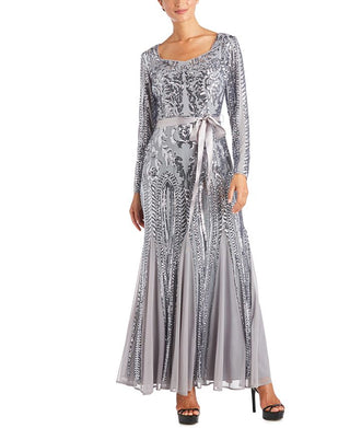 R & M Richards Women's Embellished Godet Gown Gray Size 16