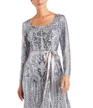 R & M Richards Women's Embellished Godet Gown Gray Size 16