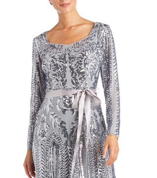 R & M Richards Women's Embellished Godet Gown Gray Size 12 Petite