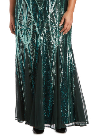 R & M Richards Women's Sequinned Beaded Long Dress Green Size 18W