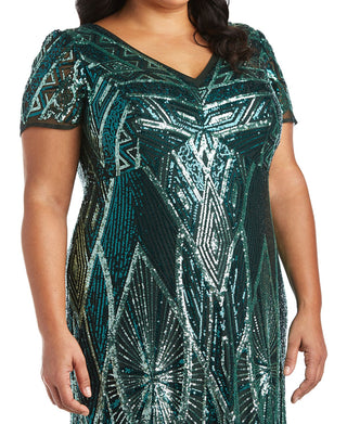 R & M Richards Women's Sequinned Beaded Long Dress Green Size 20W