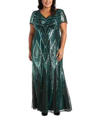 R & M Richards Women's Sequinned Beaded Long Dress Green Size 20W