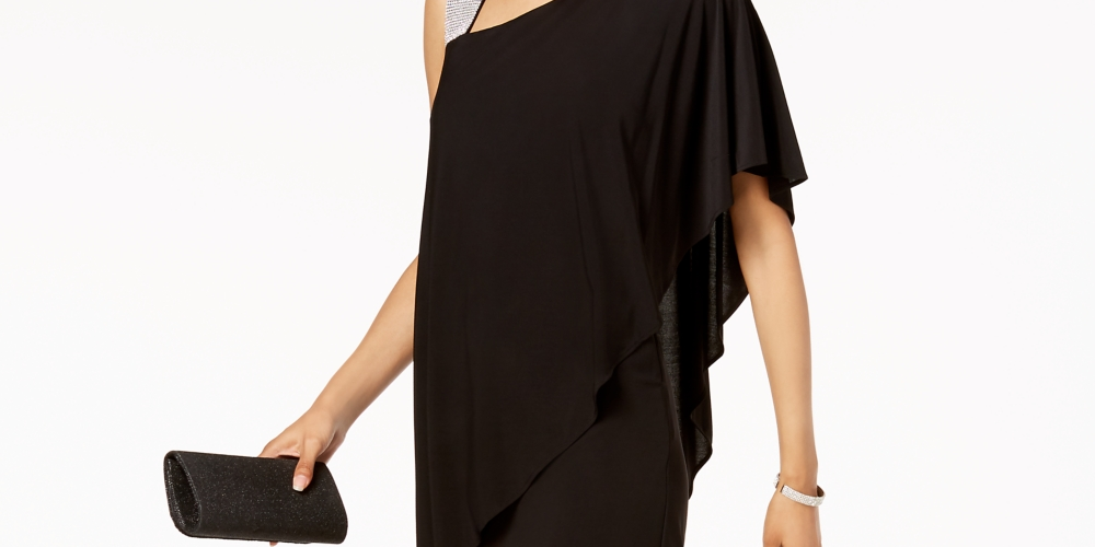 R & M Richards Women's One Shoulder Rhinestone Embellished Dress Black Size 16