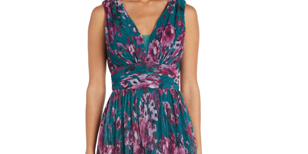 Nightway Women's Floral Print Pleated Gown Blue Size 4