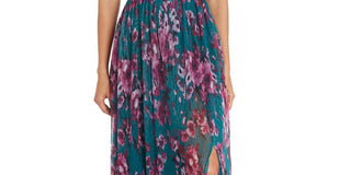 Nightway Women's Floral Print Pleated Gown Blue Size 4