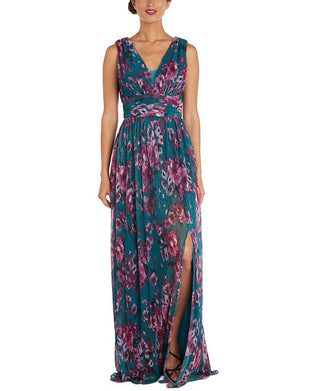 Nightway Women's Floral Print Pleated Gown Blue Size 6