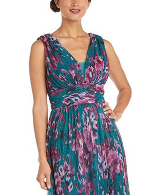 Nightway Women's Floral Print Pleated Gown Blue Size 6