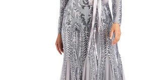 R & M Richards Women's Embellished Godet Gown Gray Size 18