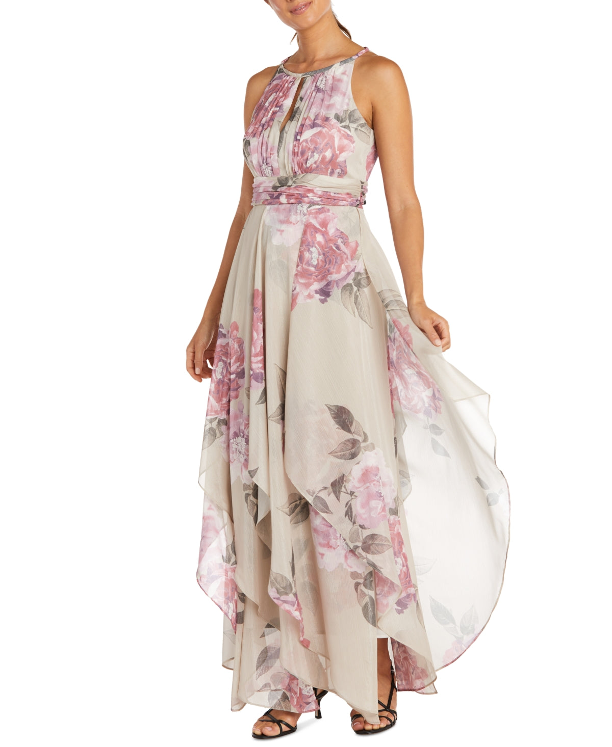 R & M Richards Women's Petite Keyhole Halter Gown Brown Size 6Petite