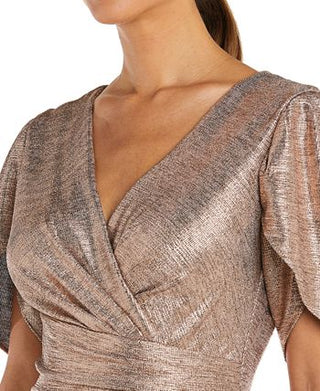 Nightway Women's Shimmer Tulip Sleeve Faux Wrap Gown Yellow Size 10