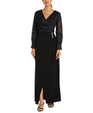 Nightway Women's Jacquard Faux Wrap Gown Black Size 4