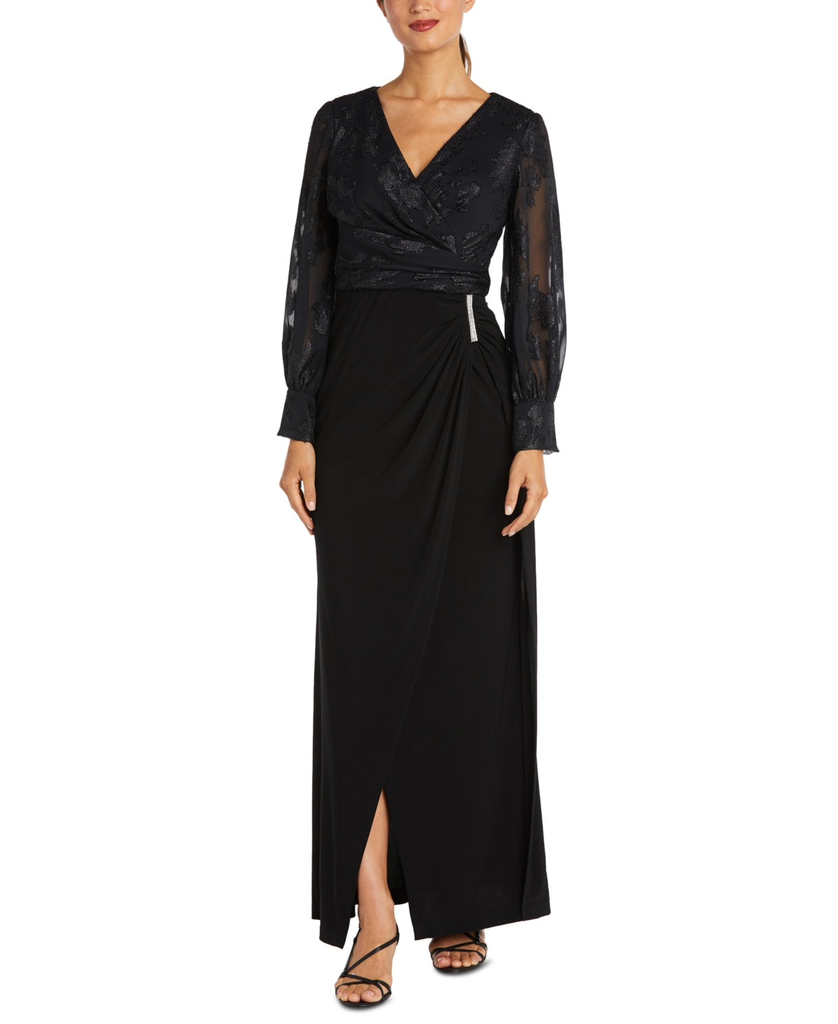 Nightway Women's Jacquard Faux Wrap Gown Black Size 8
