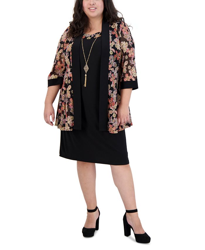 R & M Richards Women's 2 Pc Printed Jacket & Necklace Dress Black Size 16W