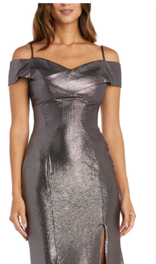 Nightway Women's Metallic Off The Shoulder Gown Gray Size 22W