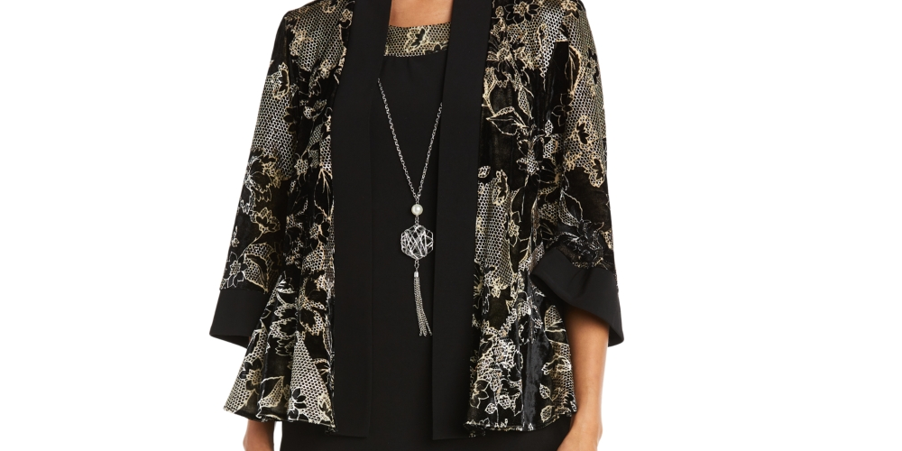 R & M Richards Men's 2 Pc Printed Jacket & Necklace Dress Black Size 12P