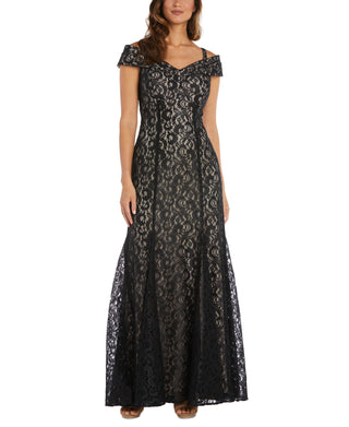 R & M Richards Women's Off The Shoulder Lace Gown Black Size 12