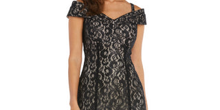 R & M Richards Women's Off The Shoulder Lace Gown Black Size 12
