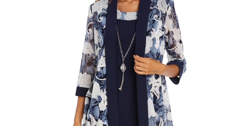 R & M Richards Women's Printed Dress And Jacket Blue Size 12