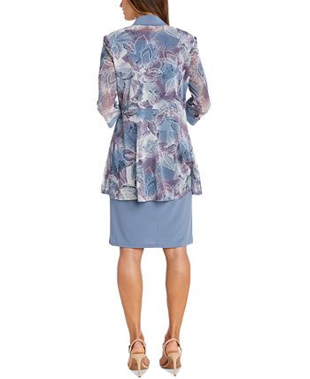 R & M Richards Women's 2 Pc Printed Jacket & Necklace Dress Gray Size 10