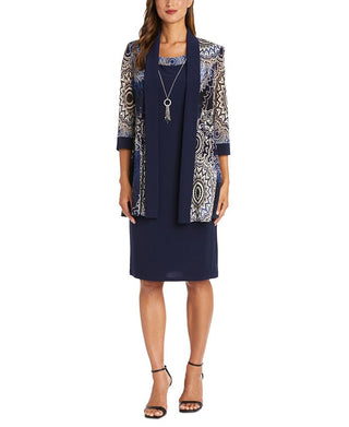 R & M Richards Women's 2 Pc Printed Jacket & Necklace Dress Set Blue Size 8Petite