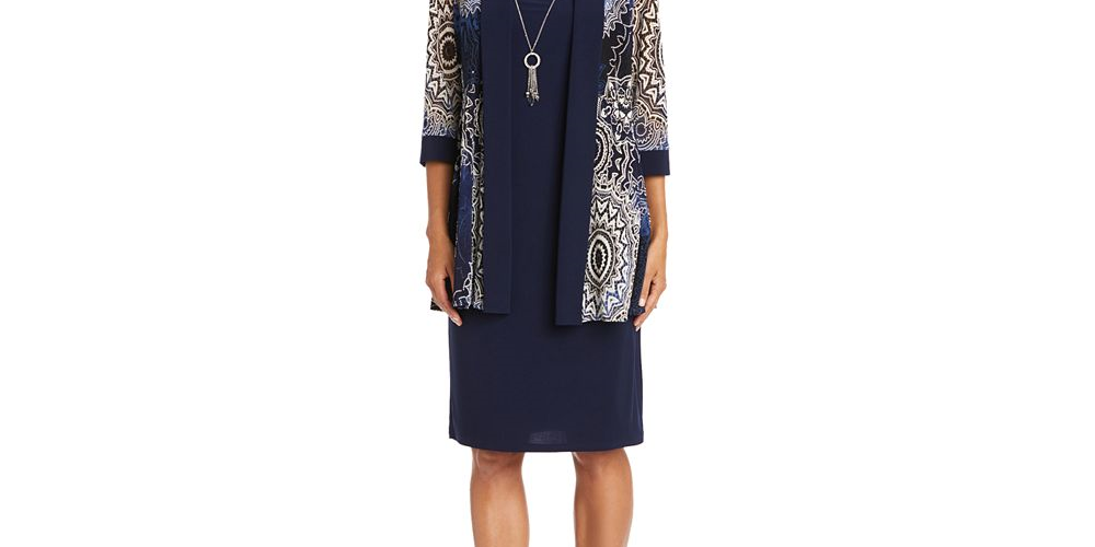 R & M Richards Women's 2 Pc Printed Jacket & Necklace Dress Set Blue Size 8Petite