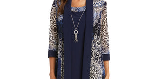 R & M Richards Women's 2 Pc Printed Jacket & Necklace Dress Set Blue Size 8Petite
