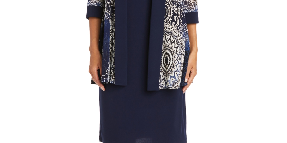 R & M Richards Women's 2 Pc Printed Jacket & Necklace Dress Set Blue Size 8Petite