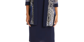 R & M Richards Women's 2 Pc Printed Jacket & Necklace Dress Set Blue Size 8Petite