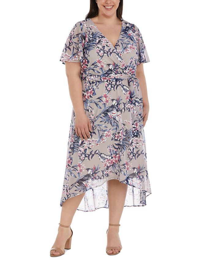 R & M Richards Women's Floral Print Flutter Sleeve Faux Wrap Dress Brown Size 20W