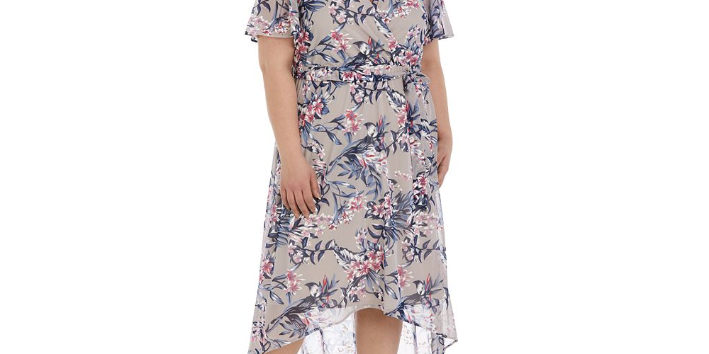 R & M Richards Women's Floral Print Flutter Sleeve Faux Wrap Dress Brown Size 20W