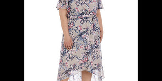 R & M Richards Women's Floral Print Flutter Sleeve Faux Wrap Dress Brown Size 20W