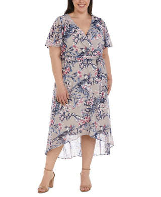 R & M Richards Women's Floral Print Flutter Sleeve Faux Wrap Dress Brown Size 20W